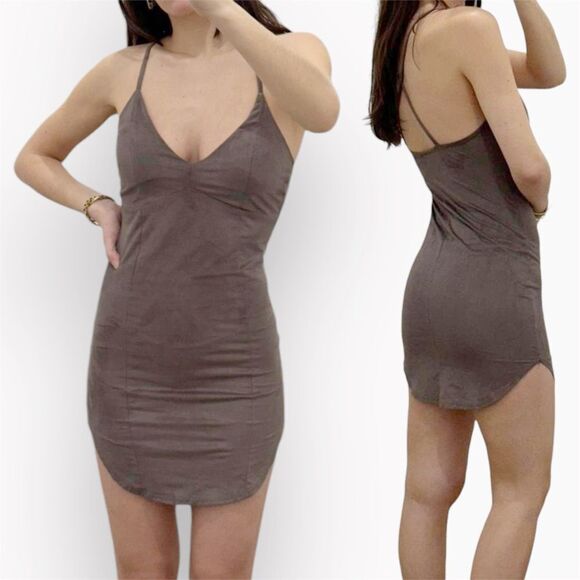 Windsor Bodycon Mini Dress Brown Taupe Grey Faux Suede XS - Picture 1 of 8